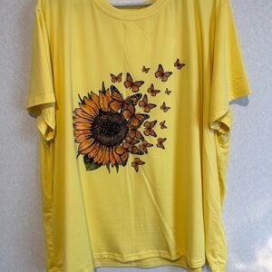 Women’s Plus Size Yellow Tee, Sunflower And Butterflies, Size 5XL